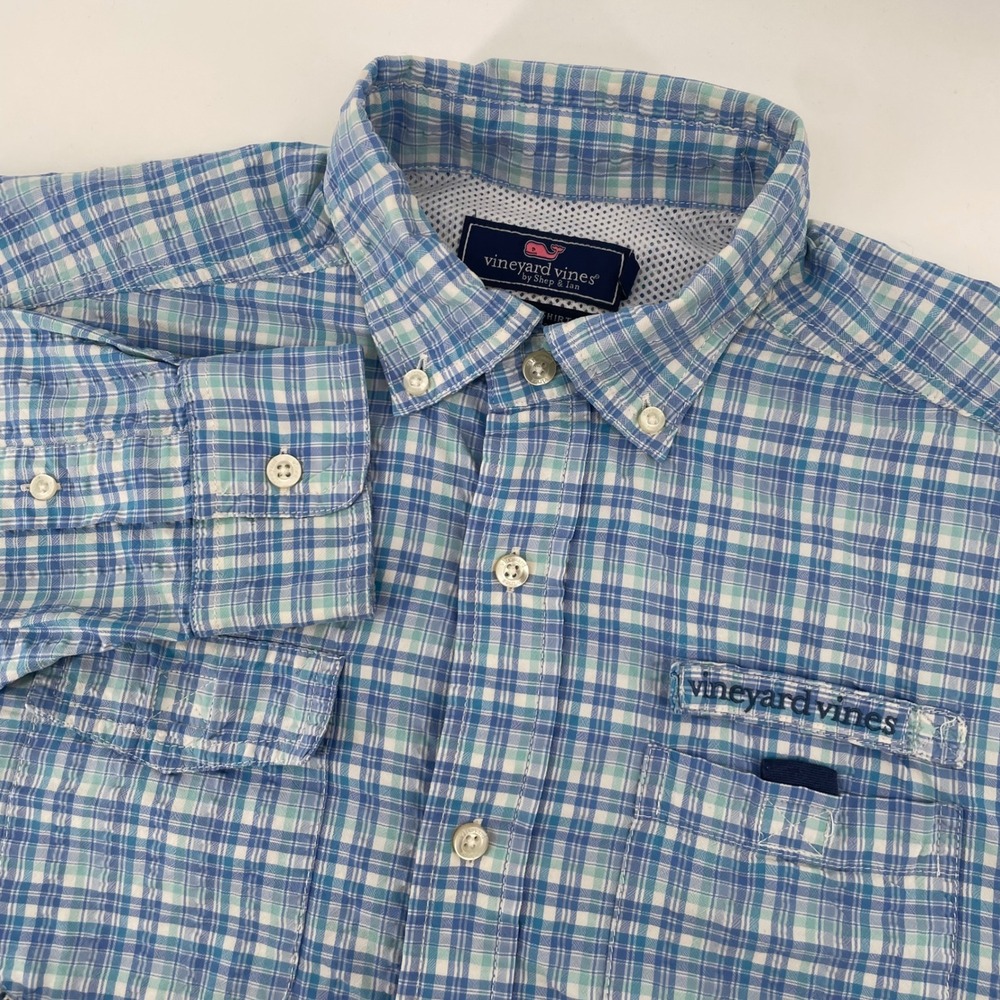 Vineyard Vines Harbor Shirt Mens Small Blue Plaid Long Sleeve Vented Fishing Top
